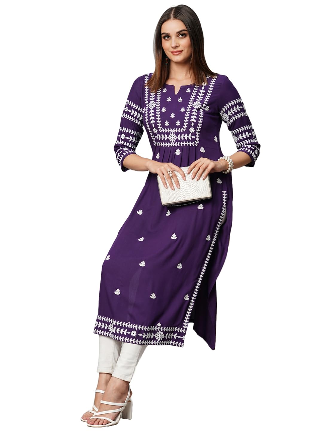 ANNI DESIGNER Womens Cotton Blend Chikankari Embroidered Straight Kurta (ELEVAN-BEGANI-KNW_XXL_Purple_XX-Large)