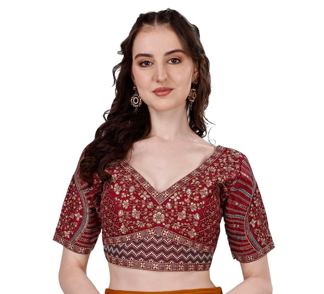 Pujia Mills Mills Womens Half-Sleeve Saree Blouse Multicoloured, Burgundy, 38