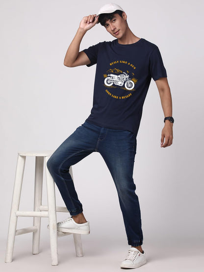 ADRO Men's Royal Bike Design Printed 100% Cotton T-Shirt - Regular Fit, Printed T-Shirts for Men (RN24-RYL-NB_Navy)