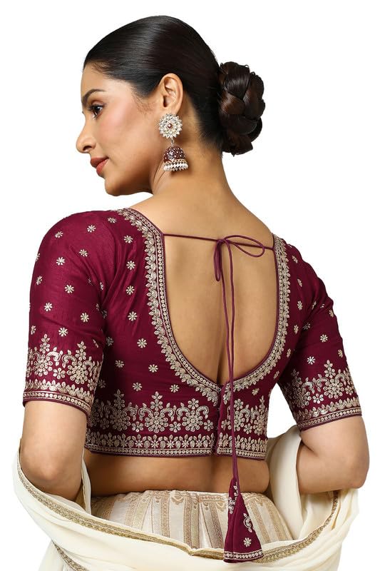 Soch Womens Maroon Tussar Embroidered Padded Blouse With Sequins