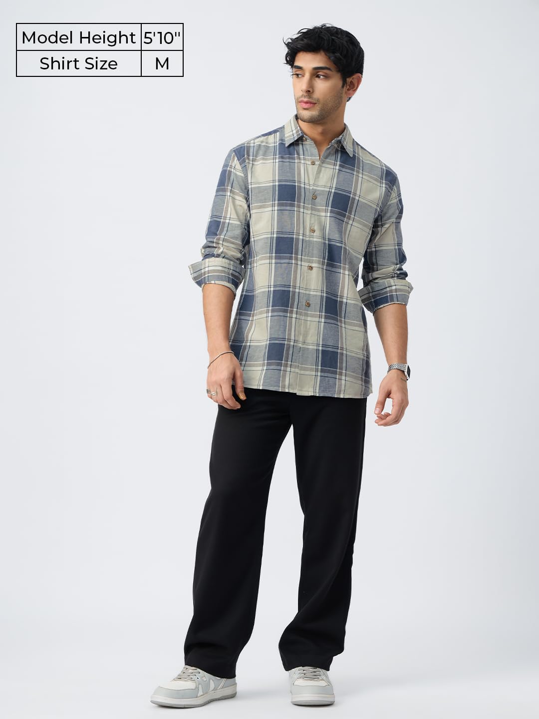 The Souled Store Cotton-Linen Shirts: Blue Topaz Men and Boys Long Sleeve Collared Neck Button Front Blue Plaid Regular Fit Cott