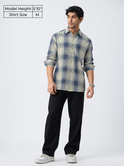 The Souled Store Cotton-Linen Shirts: Blue Topaz Men and Boys Long Sleeve Collared Neck Button Front Blue Plaid Regular Fit Cott