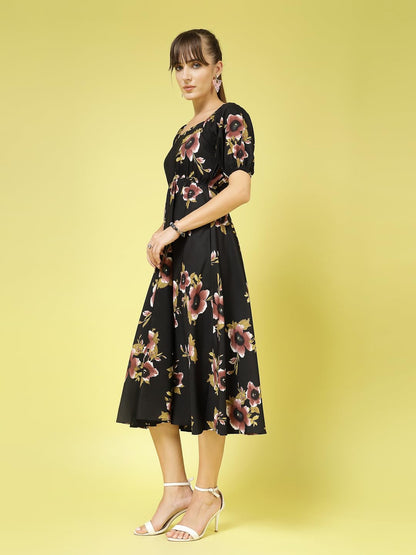Oomph! Flared Dress For Women Stylish | Long One Piece For Women | Puff Sleeve Long Dress | Floral Print Maxi One Piece | Wester