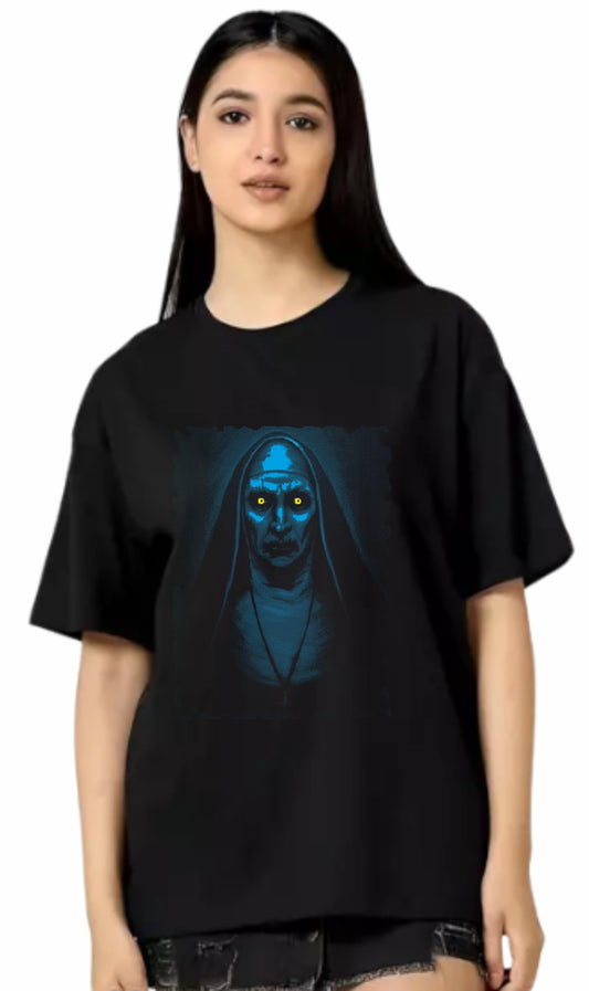 Women Oversized T Shirt | Valak Round Neck Cotton Printed Loose Fit Black T-Shirt
