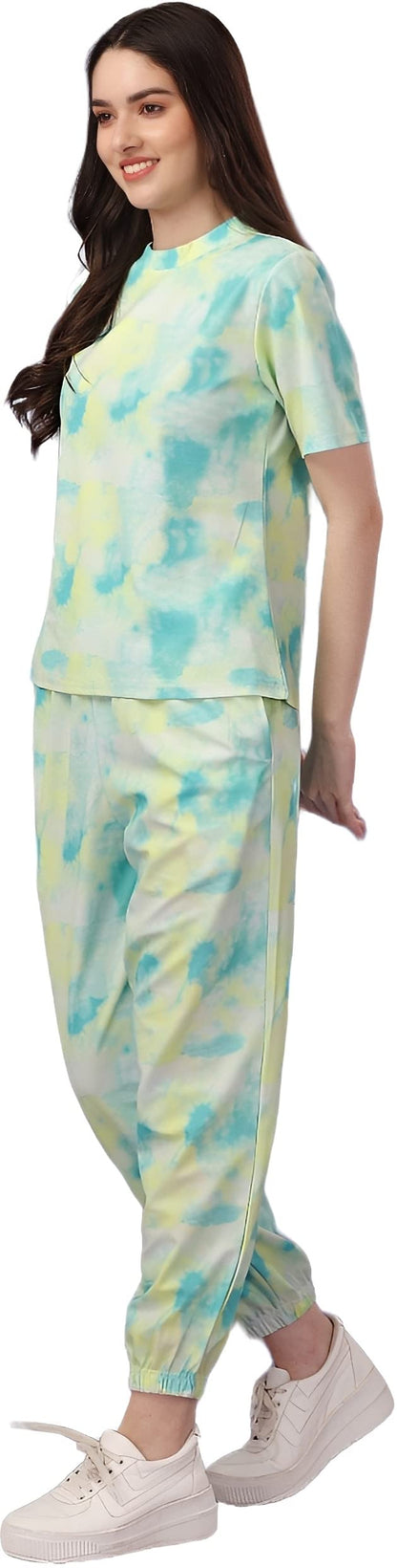 ELLITI Womens Soft Poly Cotton Tie-Dye Printed Crop Length T-Shirt and Pyjama Night Suits Set | Co-ord | Nightwear | Loungewear