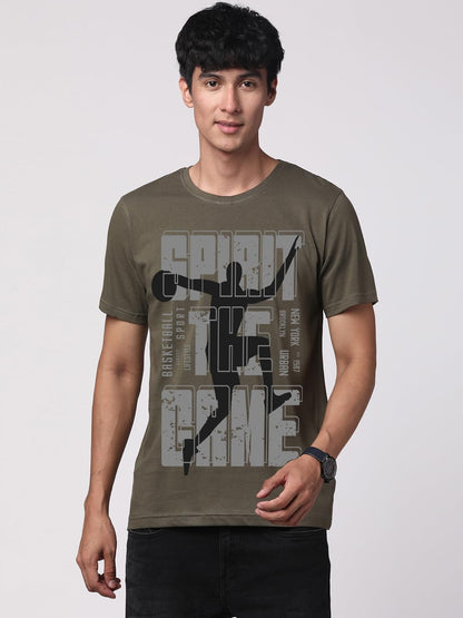 ADRO Sports Design Printed T-Shirt for Men - 100% Cotton, Regular Fit, Soft Breathable Fabric. (RN23-M-SPR-OL_Olive)
