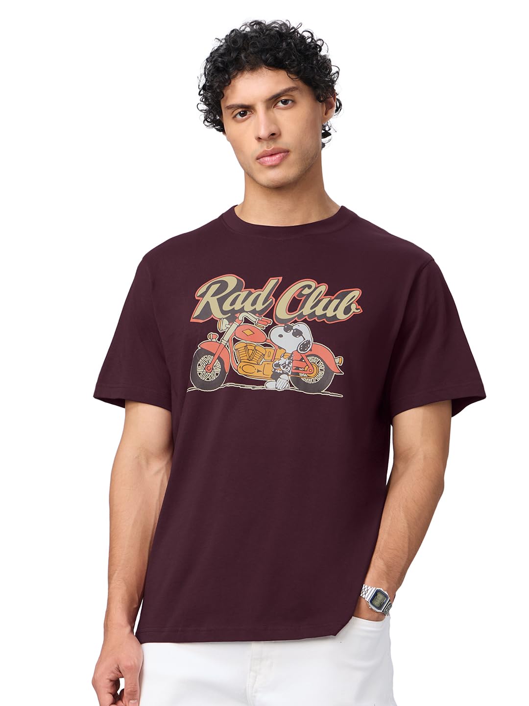 The Souled Store Peanuts: Rad Club Men and Boys Short Sleeves Round Neck Burgundy Graphic Printed Cotton Regular Fit T-Shirts