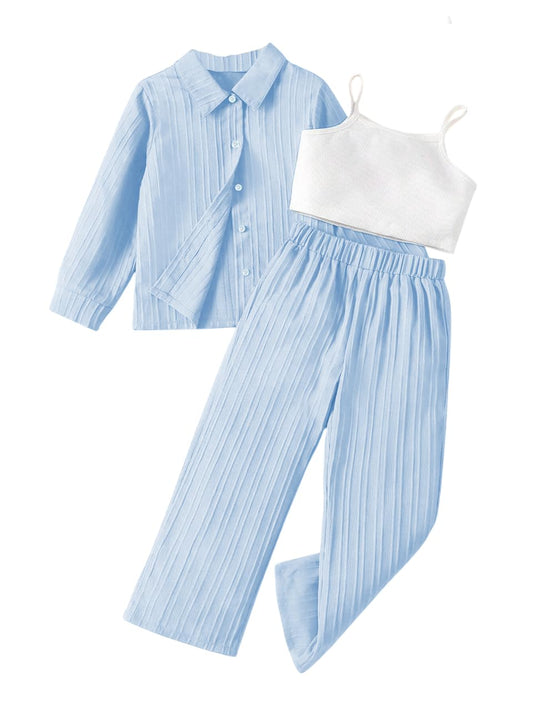 TAGAS Girls Polyester Solid Casual Simple Style Camisole Top, Long Sleeve Shirt And Straight Pants || COORDINATED_OUTFIT ||3 Pie
