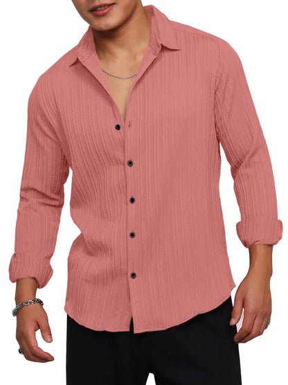 Finivo Fashion MenS Casual Cotton Striped Button Down Shirts Long Sleeve Textured Summer Beach Shirt For Men Peach