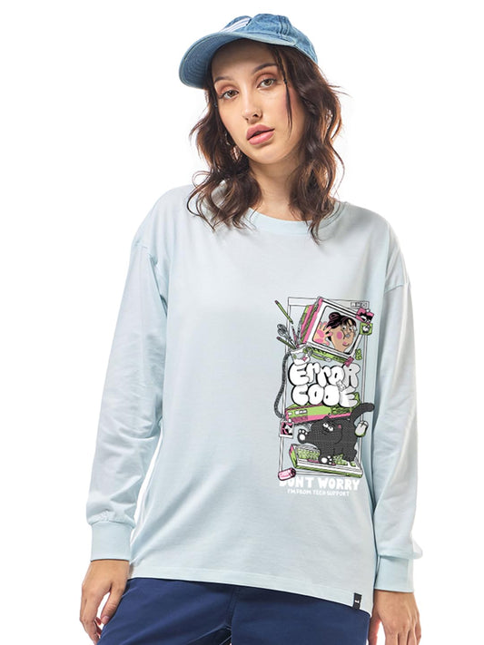 Bewakoof Womens Graphic Print Oversized Fit Full Sleeve Round Neck Cotton Jersey T-Shirt_651282_Blue_L