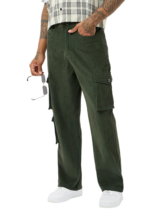 Bewakoof Mens Solid Straight Fit Corduroy Cargo Casual Pants_684909_Green_34