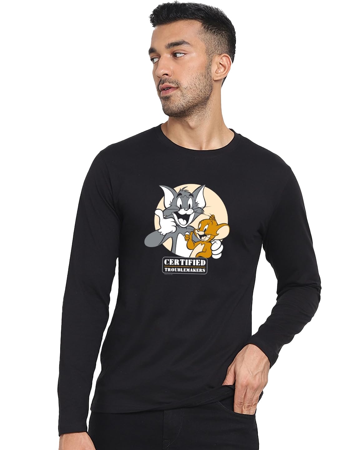 Bewakoof Mens Certified Troublemakers (TJL) Graphic Print Black Round Neck Long Sleeve T-Shirt