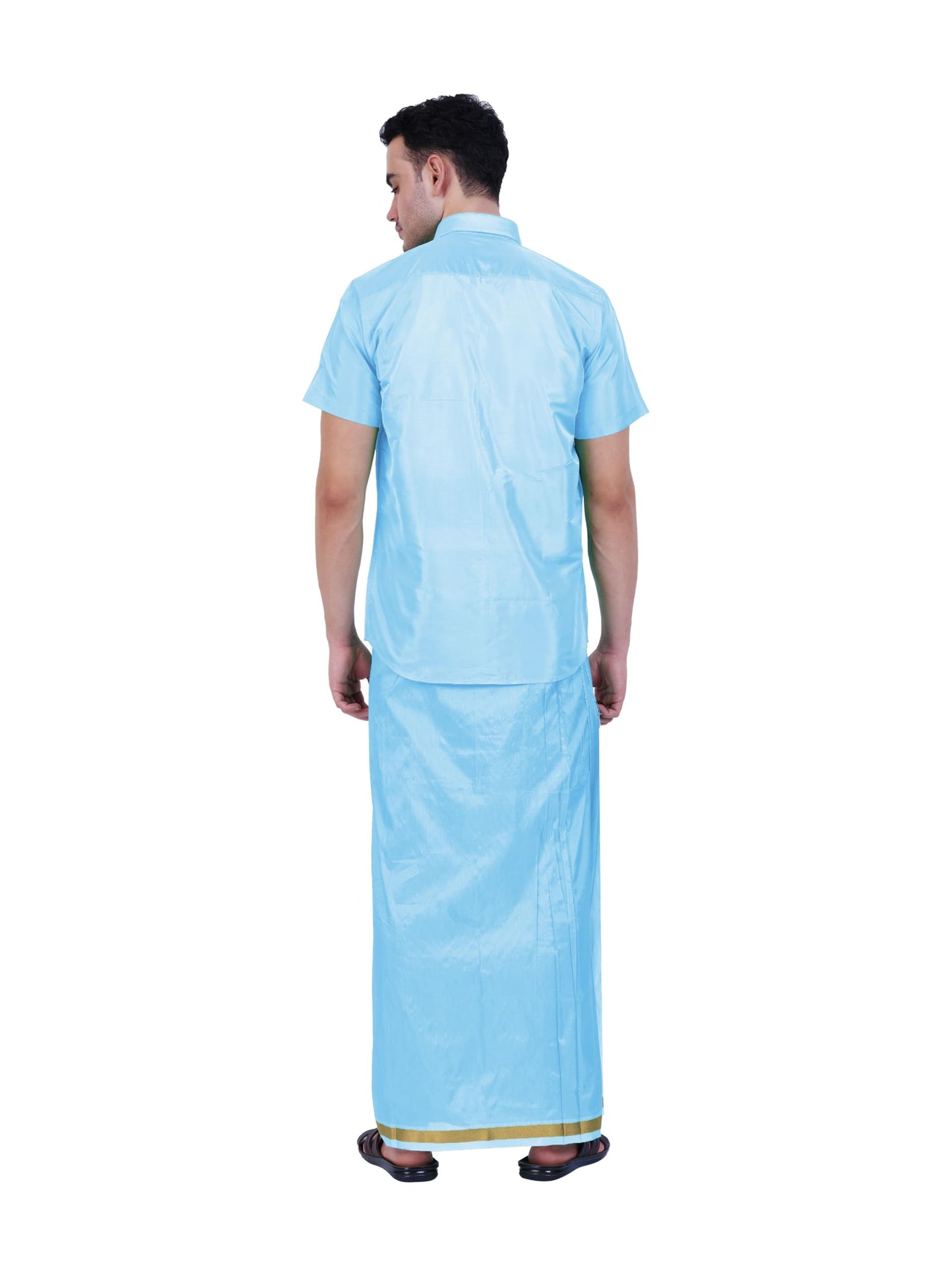 Prakasam Cotton-Mens Art Silk Wedding Set/Art Silk 8 Mulam (8-Yard) Dhoti And Stitched Half Sleeve Shirt