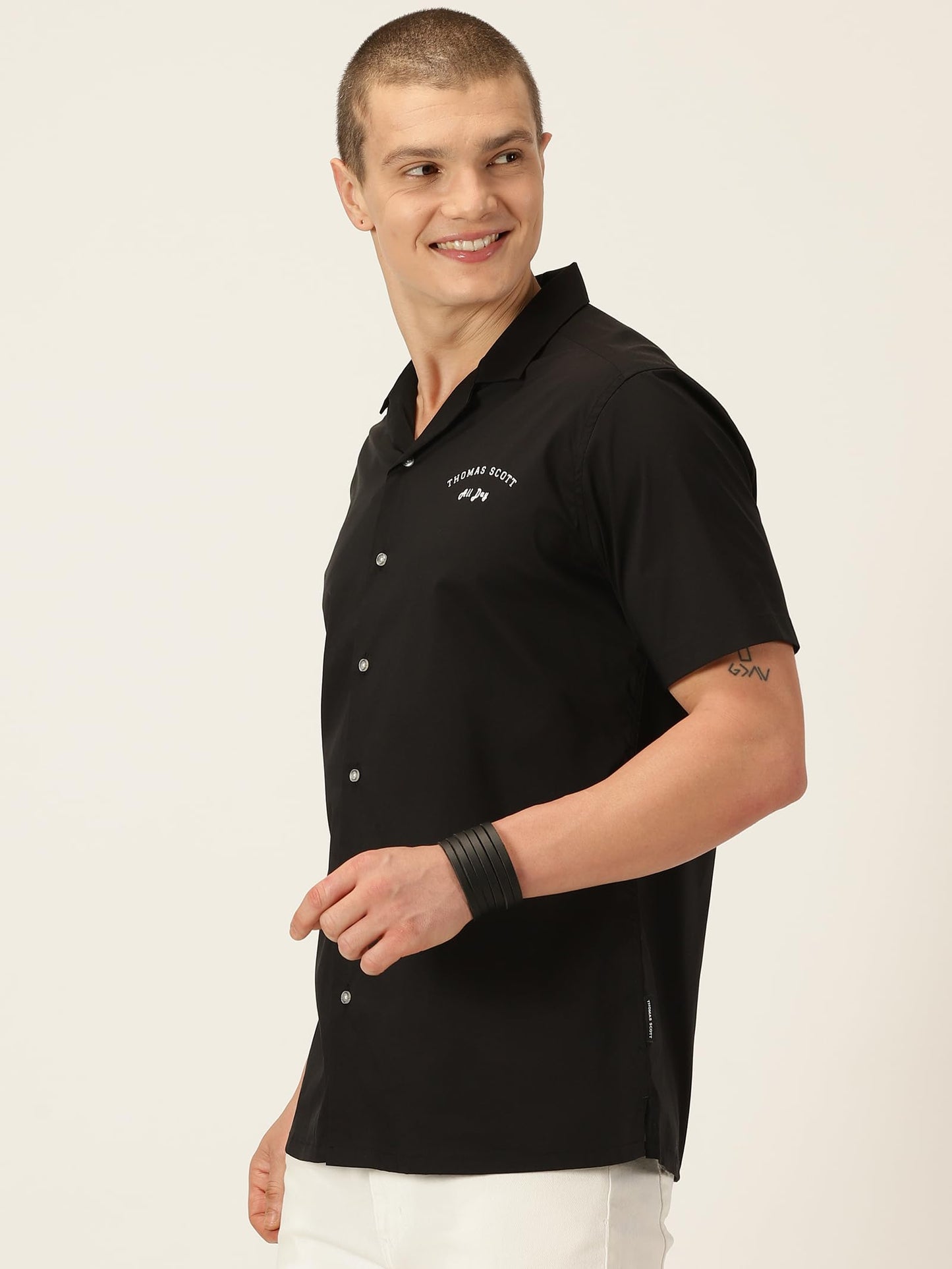 Thomas Scott Classic Slim Fit Cuban Collar Casual Shirt Black