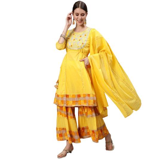 ishin Women's Cotton Yoke Embroidered Kurta With Sharara And Dupatta