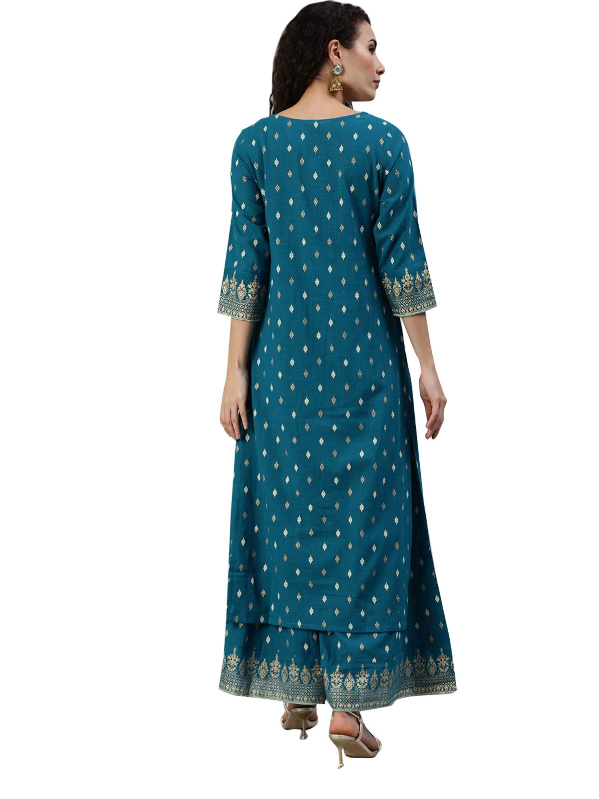 ishin Women's Pure Cotton A-Line Embroidered Sequinned Colourblocked print Blue Kurta suit set with Sharara