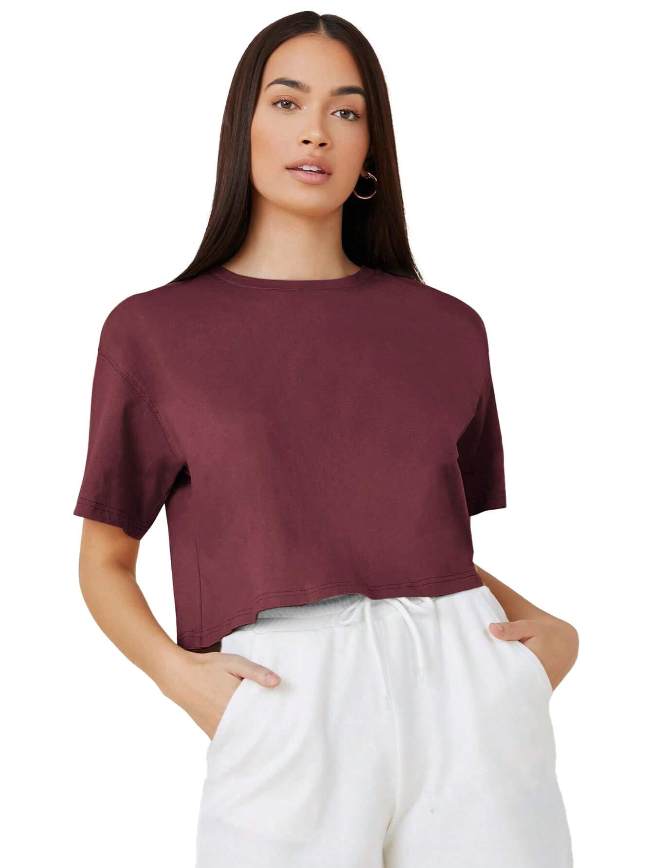 Kotty WomenS Solid Cotton Blend Oversized Crop T-Shirts