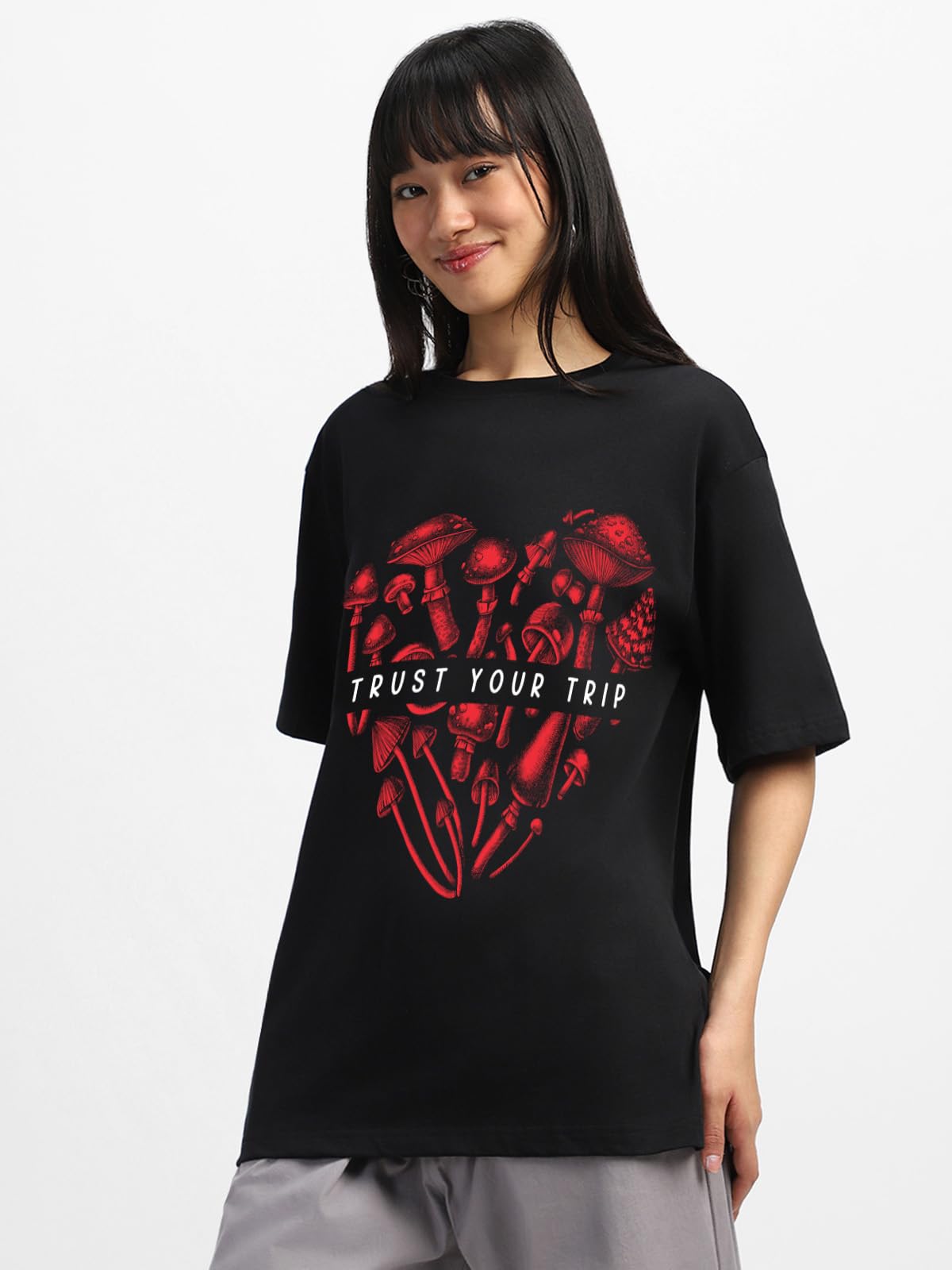 Juneberry Pure Cotton Round Neck Half Sleeve Oversized Baggy Fit Drop Shoulder Front Printed Black T-Shirt For Women (Os_J_Trstt