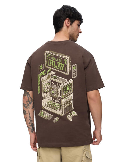 The Souled Store Built to Play Men and Boys Short Sleeves Round Neck Brown Graphic Printed Cotton Oversized T-Shirts