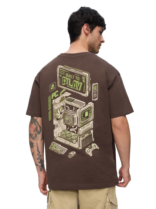 The Souled Store Built to Play Men and Boys Short Sleeves Round Neck Brown Graphic Printed Cotton Oversized T-Shirts