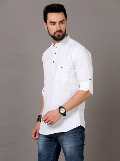 Deemoon MenS Cotton Blend Full Sleeve Short Kurta With Mandarin Collar Crafted From A Premium Cotton Blend White