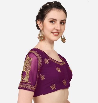 Pujia Mills WomenS Multicolor Temple Embroidery Net Back Sequence Khatli Work Sleeves Design Phantom Silk Readymade Saree Blous