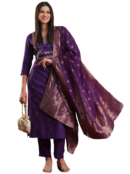 ANNI DESIGNER Womens Rayon Blend Straight Embroidered Kurta with Pant & Dupatta (MANUSHI BEGANI-VKS03_L_Begani_Large)