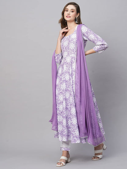 GoSriKi Women's Cotton Blend Anarkali Printed Kurta with Pant & Dupatta (AMIG-Purple-GS)