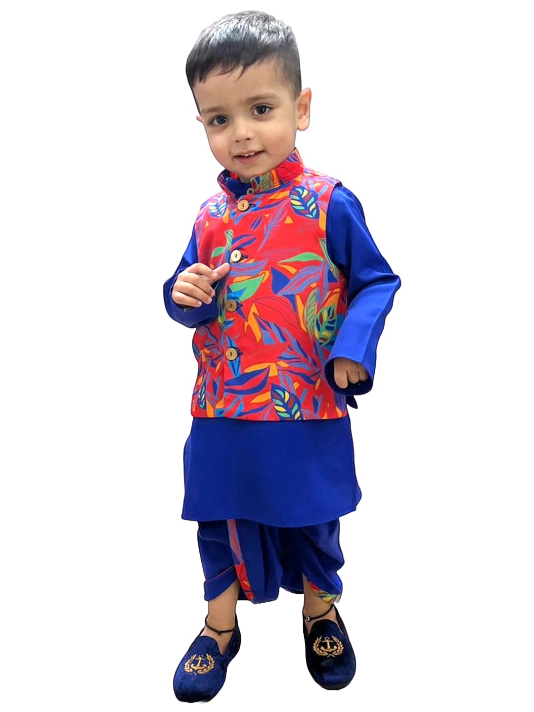 A.T.U.N. (All Things Uber Nice) Boys Royal Blue Wine Kurta Dhoti With Red Abstract Printed Nehru Jacket (3 Piece Set)