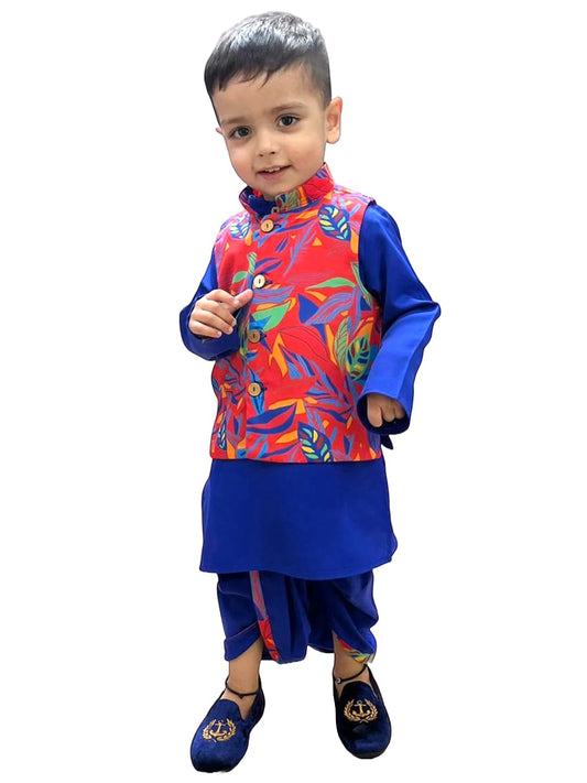 A.T.U.N. (All Things Uber Nice) Boys Royal Blue Wine Kurta Dhoti With Red Abstract Printed Nehru Jacket (3 Piece Set)