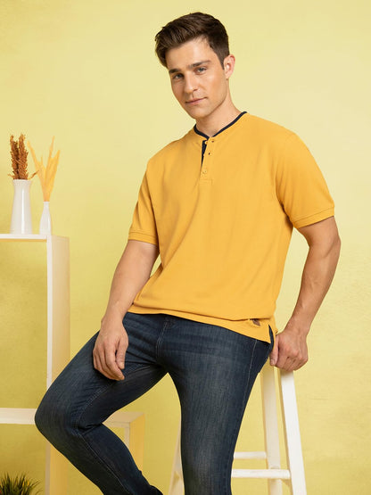 Dennis Lingo Men Cotton Regular Fit Solid T-Shirts Mustard