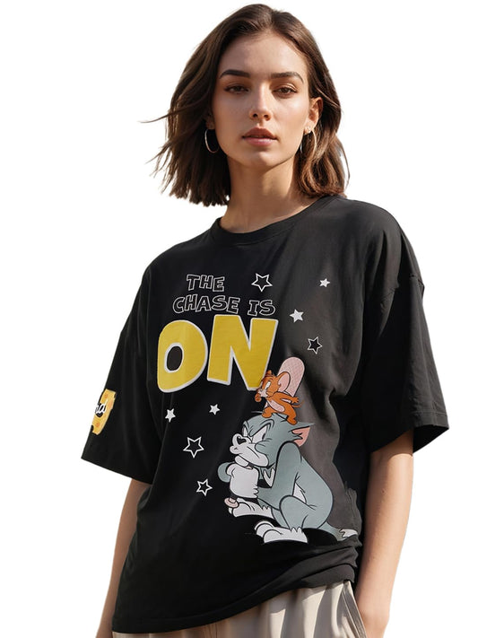 Bewakoof Heavy Duty 1.0 Official Tom & Jerry Merchandise WomenS Graphic Printed Oversized Fit Half Sleeve Round Neck Cotton Blen