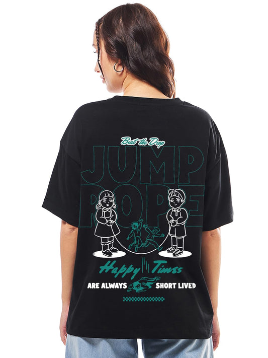 Bewakoof Official Squid Game Merchandise Womens Graphic Print Oversized Fit Half Sleeve Round Neck Cotton T-Shirt_683812_Black_