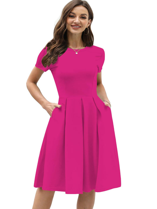 Shasmi GirlS & WomenS Solid Hot Pink Color Solid Slant Pocket Fold Pleated, Women Cocktail Party Vintage Style With Pockets Bi