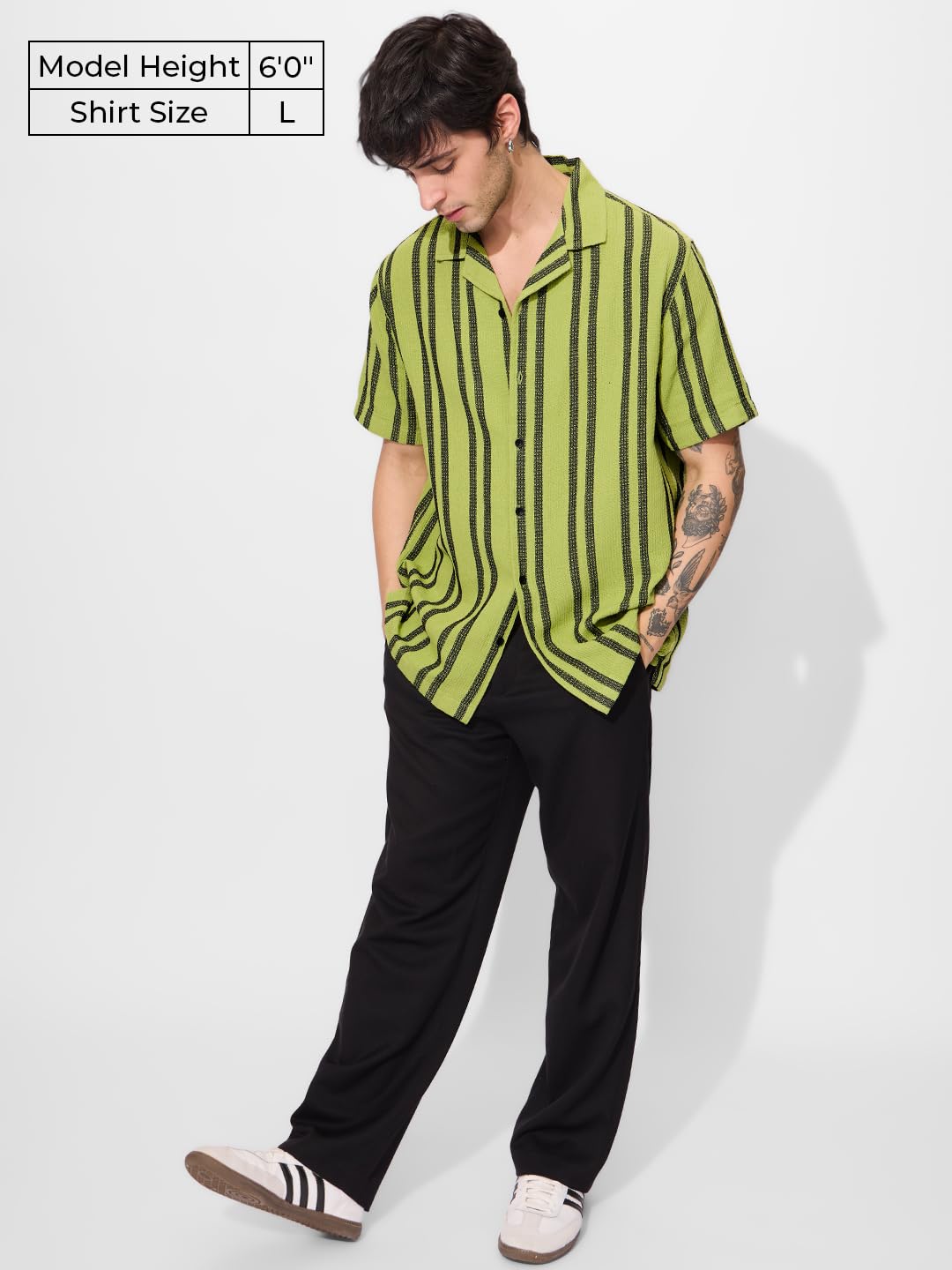 The Souled Store Stripes: Lime Men and Boys Short Sleeves Collared Neck Button Front Regular Fit Textured Shirts