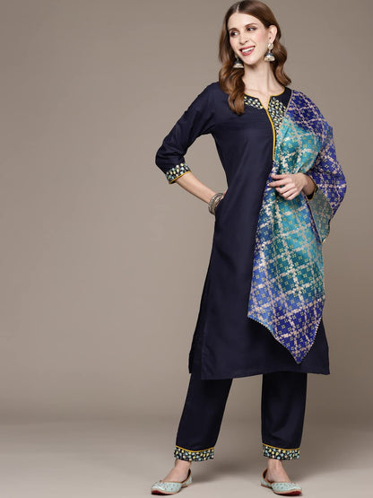 anubhutee Women's Cotton Navy Blue Solid Solid Straight Kurta Suit Set With Pants And Dupatta