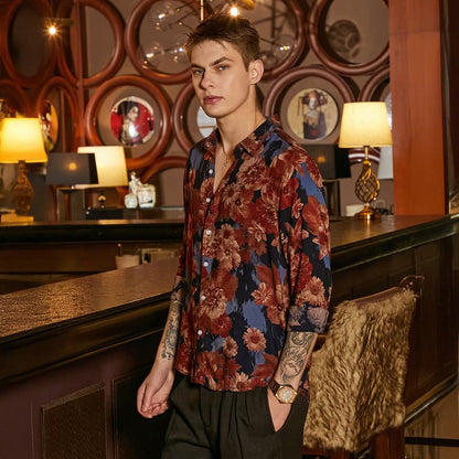 Campus Sutra Mens Chocolate Brown & Midnight Black Floral Overlap Shirt for Casual Wear | Spread Collar | Long Cuffed Sleeves |