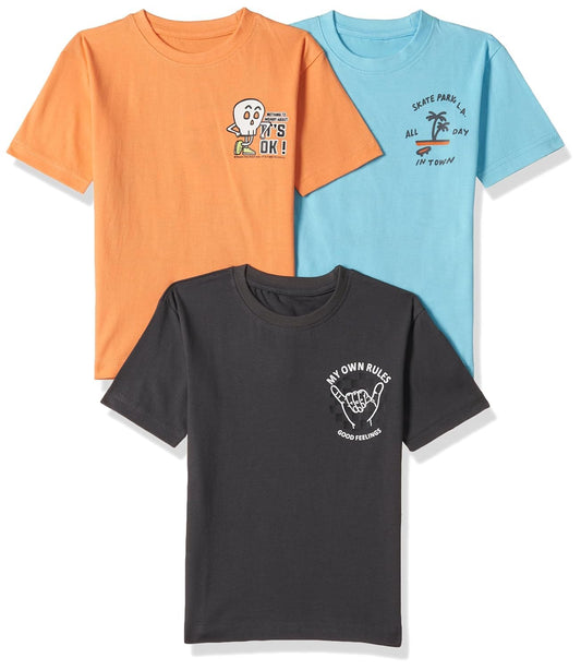 T2F Boys Cotton Front and Back Printed Oversized Fit T-Shirt (Pack of 3) Multicolour