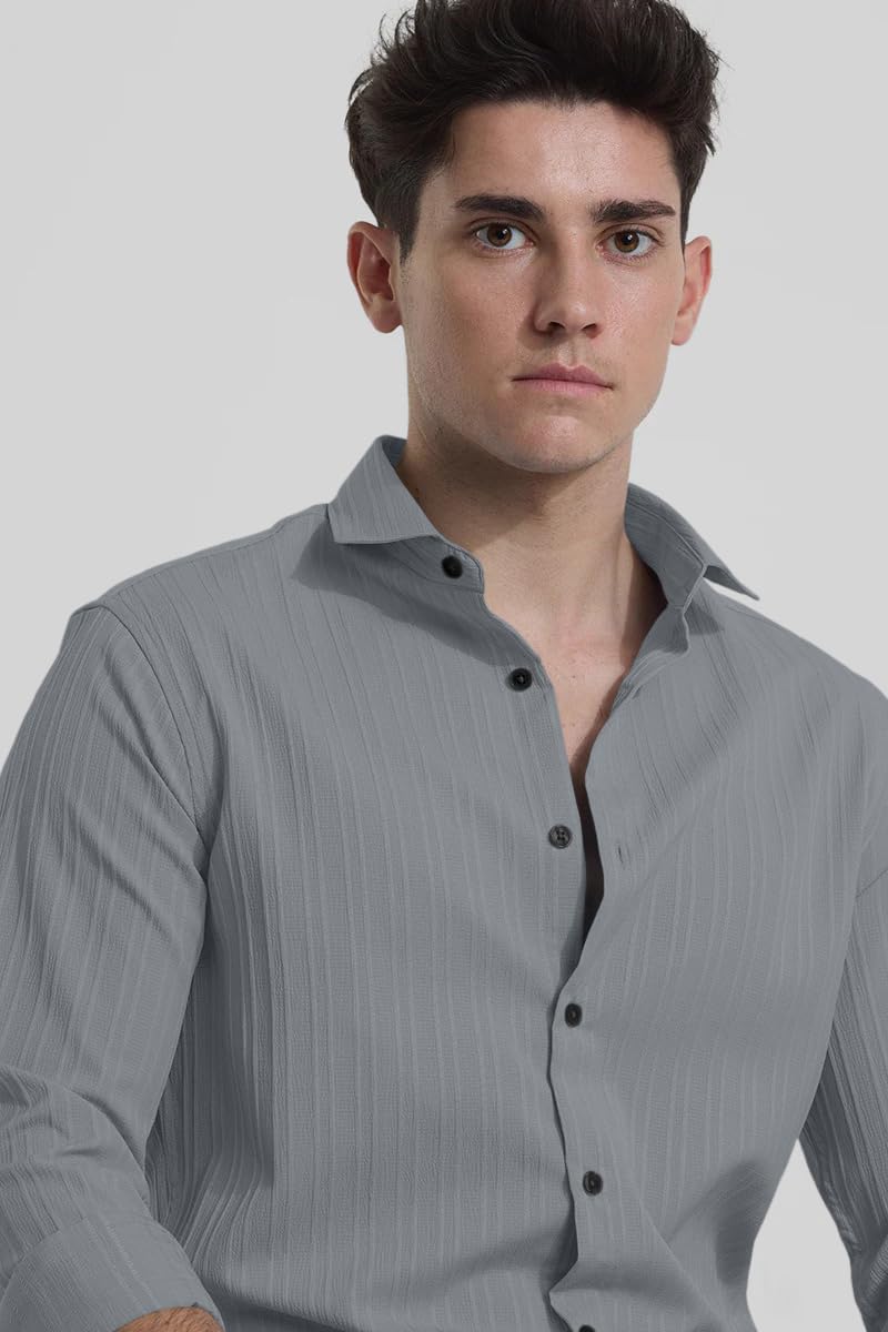 Finivo Fashion MenS Casual Cotton Plain Button Down Shirts Full Sleeve Textured Summer Beach Shirt For Men Grey