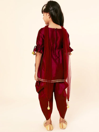 A.T.U.N. (All Things Uber Nice) Girls Pleated Gotta Patti Kurti With Dhoti Pants & Dupatta