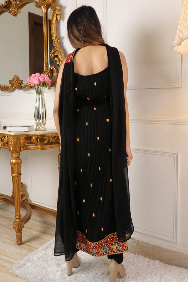 Fashion Basket Georgette Embroidered Black Kurta Set for Women