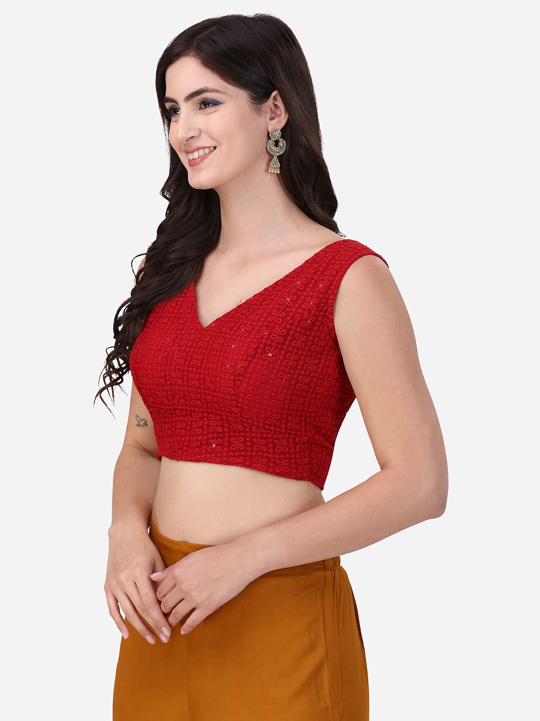 OOMPH! Womens Indian Ethnic Wear Designer Square Leaf Pattern V Neck Sleeveless Cotton Red Blouse for Saree or Lehnga and Blous