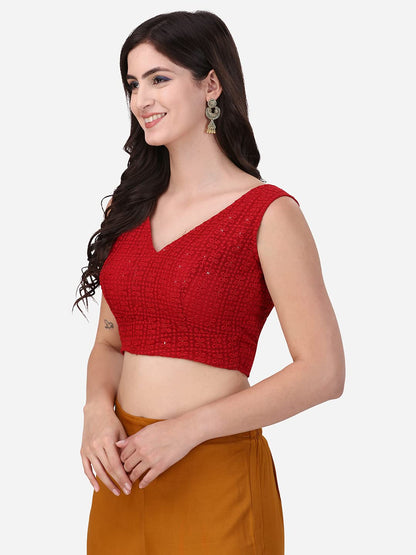 OOMPH! Womens Indian Ethnic Wear Designer Square Leaf Pattern V Neck Sleeveless Cotton Red Blouse for Saree or Lehnga and Blous