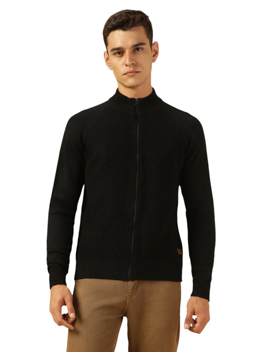 Dennis Lingo Men Regular-Fit Acrylic Solid Full Sleeves Stand Collar Front Open Sweater Black