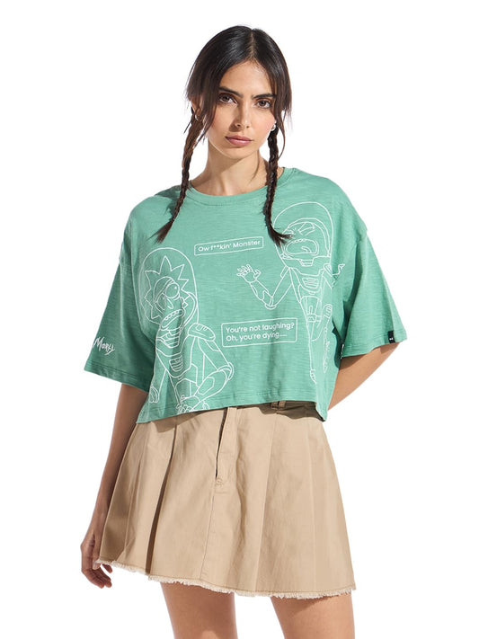 Bewakoof Air 1.0 Official Rick and Morty Merchandise Womens Graphic Print Oversized Fit Half Sleeve Round Neck Slub Cotton Jers
