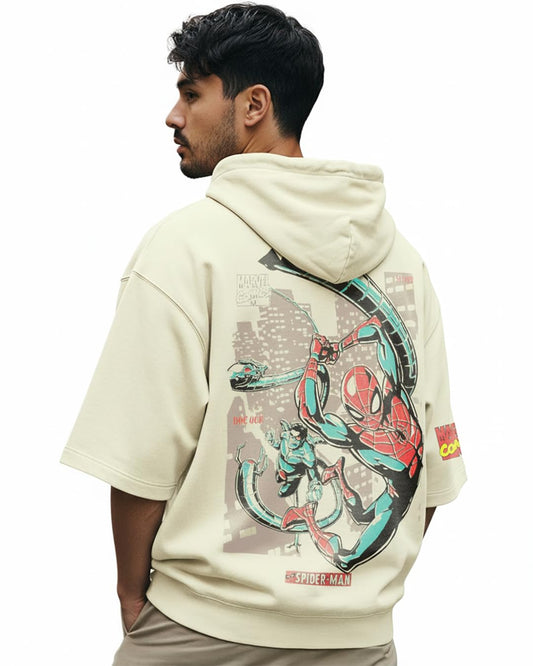 Bewakoof Official Marvel Merchandise Spiderman Mens Graphic Print Oversized Fit Half Sleeve Hooded Cotton T-Shirt_689679_Beige_