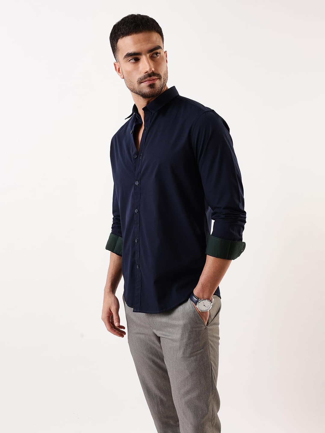 Dennis Lingo Men Navy Solid Spread Collar Full Sleeves Regular Fit Cotton Casual Shirt