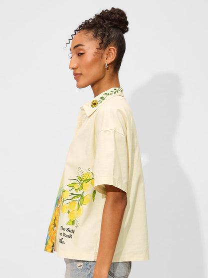 The Souled Store Sunshine Soul Women & Girls Long Sleeve Collared Neck Button Down Regular Fit Cotton Shirts Yellow