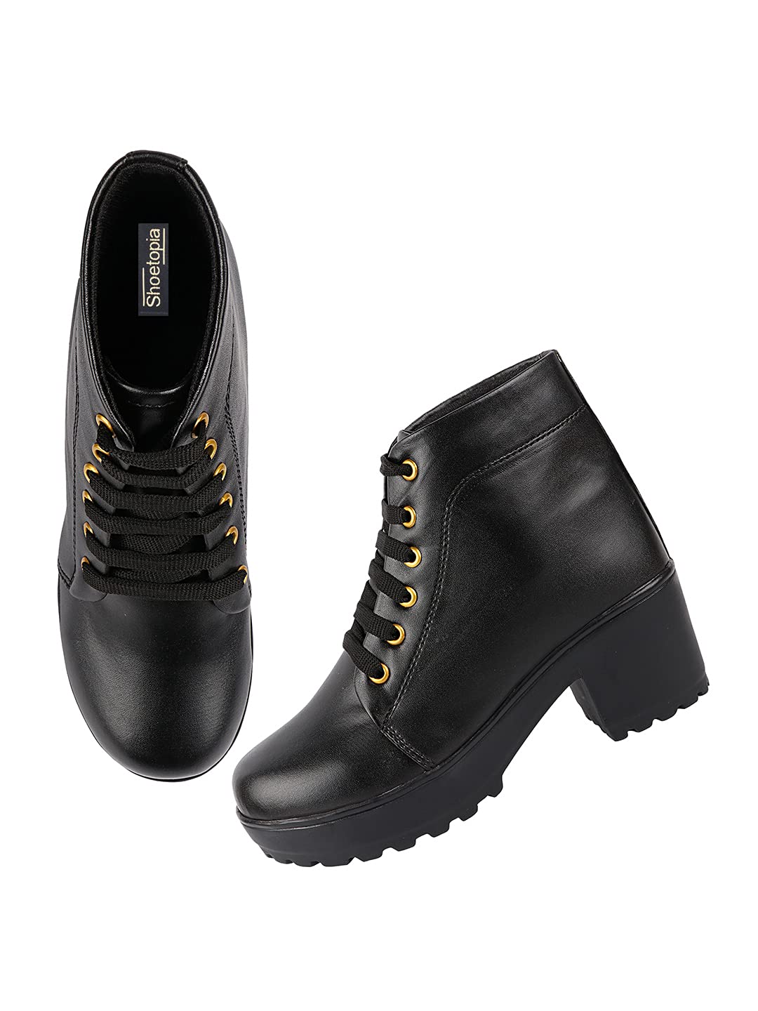 Shoetopia Womens/Girls Black Platform Heeled Classic Solid Boots
