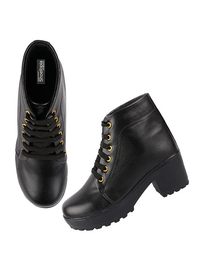 Shoetopia Womens/Girls Black Platform Heeled Classic Solid Boots